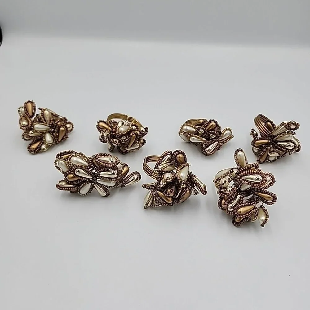 KIM SEYBERT GOLD & SILVER GLASS BEADED BAUBLE NAPKIN RINGS Set Of 7